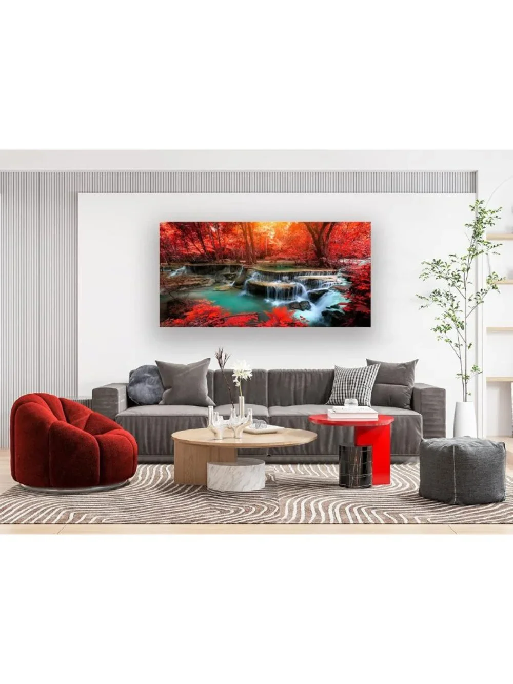 Stunning Red Forest Waterfall Canvas Art - Modern Landscape Wall Decor for Home